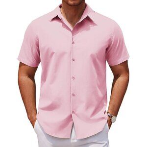 Solid Pink Men Casual Short Sleeve Button Down Untucked Wrinkle Free Shirt